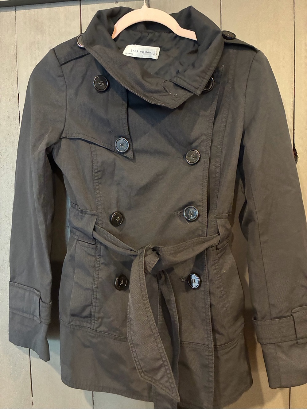 ZARA women’s sz small Double-Breasted Pea Coat in black utility jacket